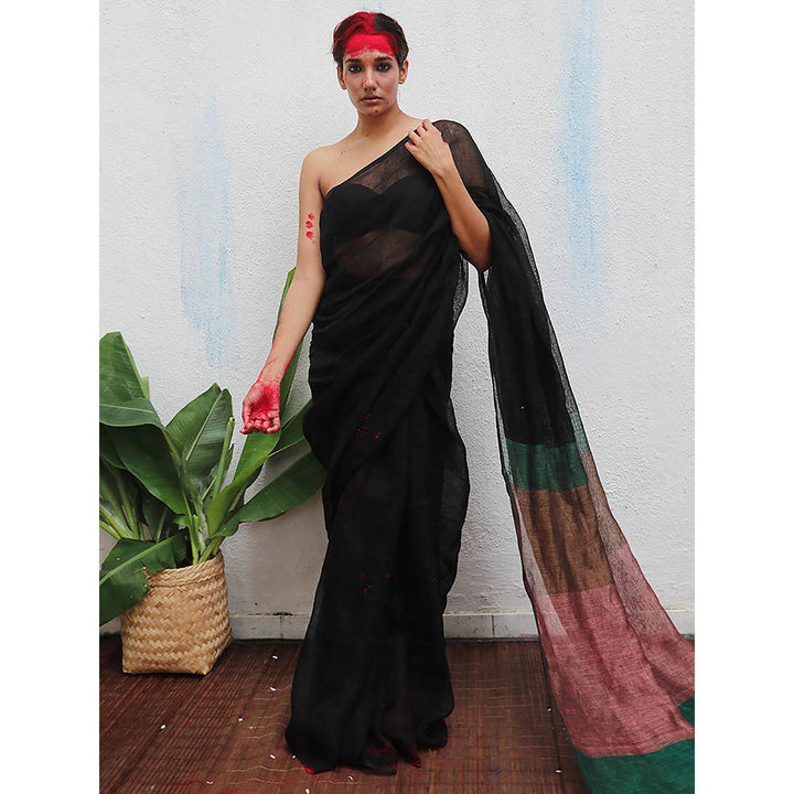 Chidiyaa Kaali Kalavati Handwoven Linen Saree with Unstitched Blouse