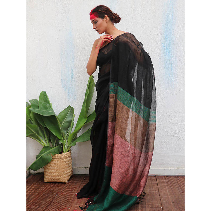 Chidiyaa Kaali Kalavati Handwoven Linen Saree with Unstitched Blouse