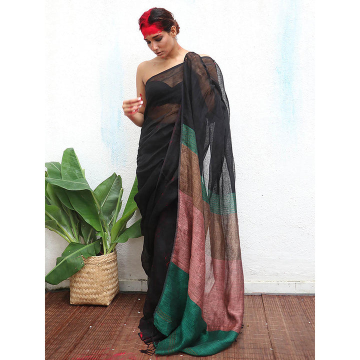 Chidiyaa Kaali Kalavati Handwoven Linen Saree with Unstitched Blouse