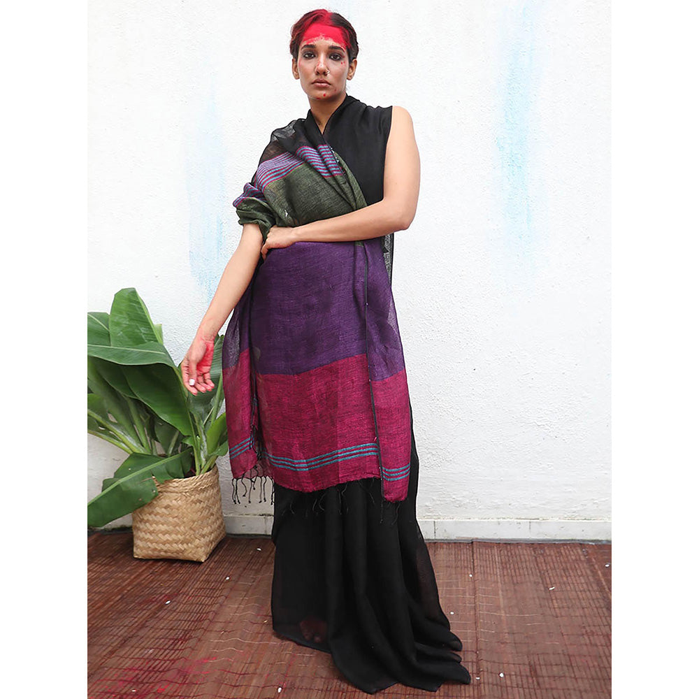 Chidiyaa Kaali Brahmi Handwoven Linen Saree with Unstitched Blouse