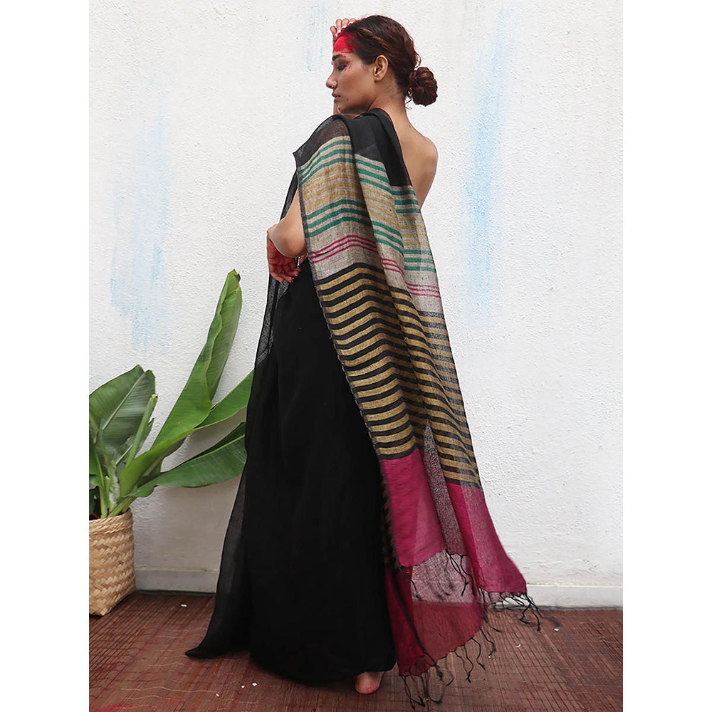 Chidiyaa Kaali Vajrangi Handwoven Linen Saree with Unstitched Blouse