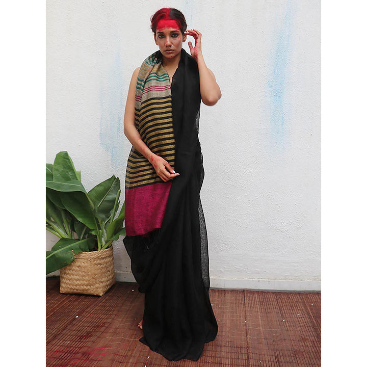 Chidiyaa Kaali Vajrangi Handwoven Linen Saree with Unstitched Blouse