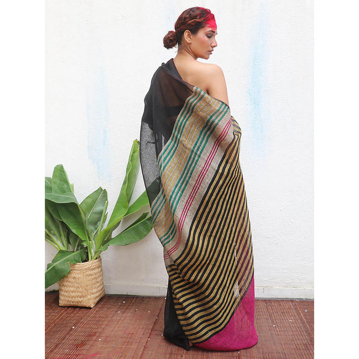 Chidiyaa Kaali Vajrangi Handwoven Linen Saree with Unstitched Blouse