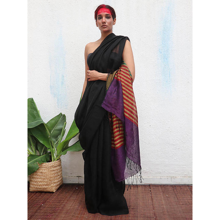 Chidiyaa Kaali Devakanya Handwoven Linen Saree with Unstitched Blouse