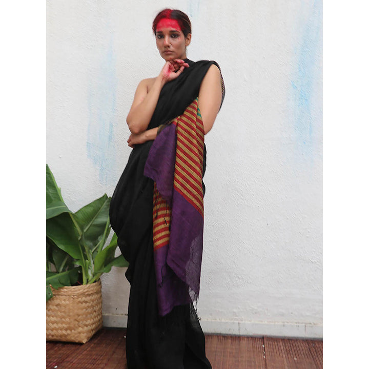 Chidiyaa Kaali Devakanya Handwoven Linen Saree with Unstitched Blouse