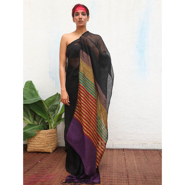 Chidiyaa Kaali Devakanya Handwoven Linen Saree with Unstitched Blouse