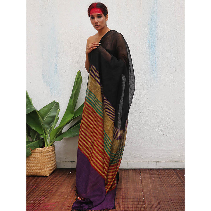 Chidiyaa Kaali Devakanya Handwoven Linen Saree with Unstitched Blouse