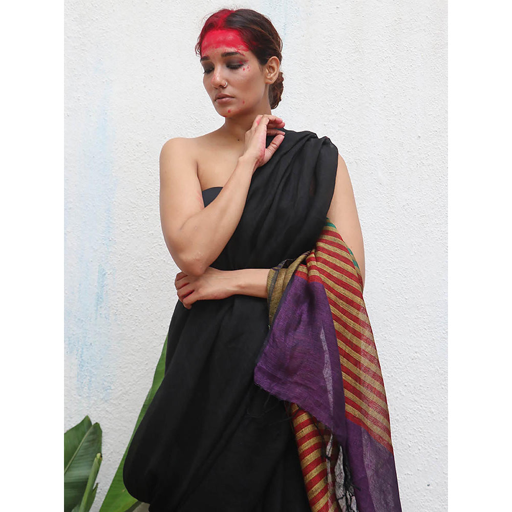 Chidiyaa Kaali Devakanya Handwoven Linen Saree with Unstitched Blouse