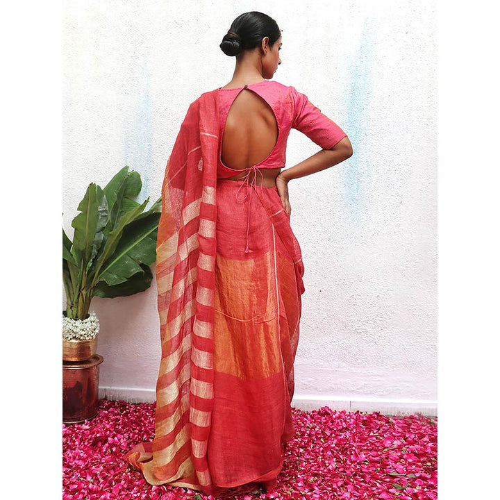 Chidiyaa Pink Eknoor Jyotsna Handwoven Linen Zari Saree without Blouse