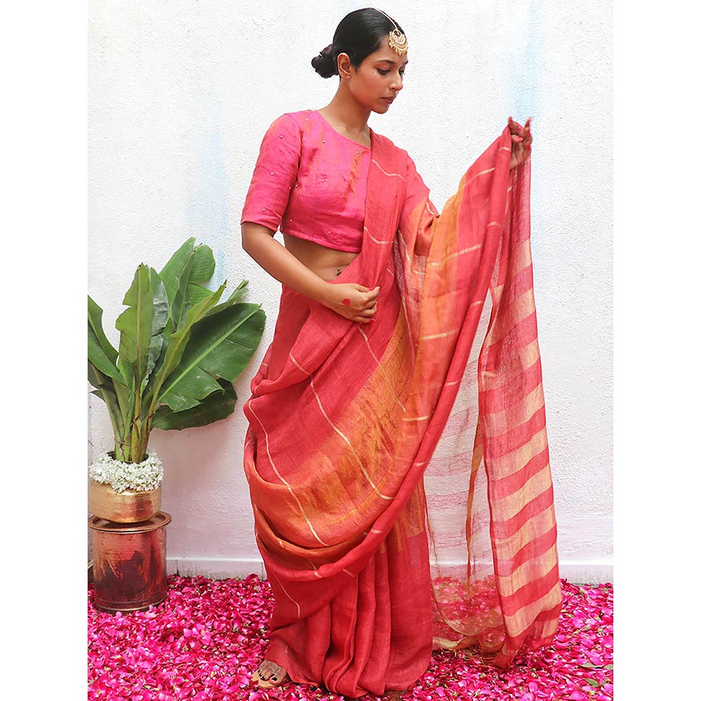 Chidiyaa Pink Eknoor Jyotsna Handwoven Linen Zari Saree without Blouse