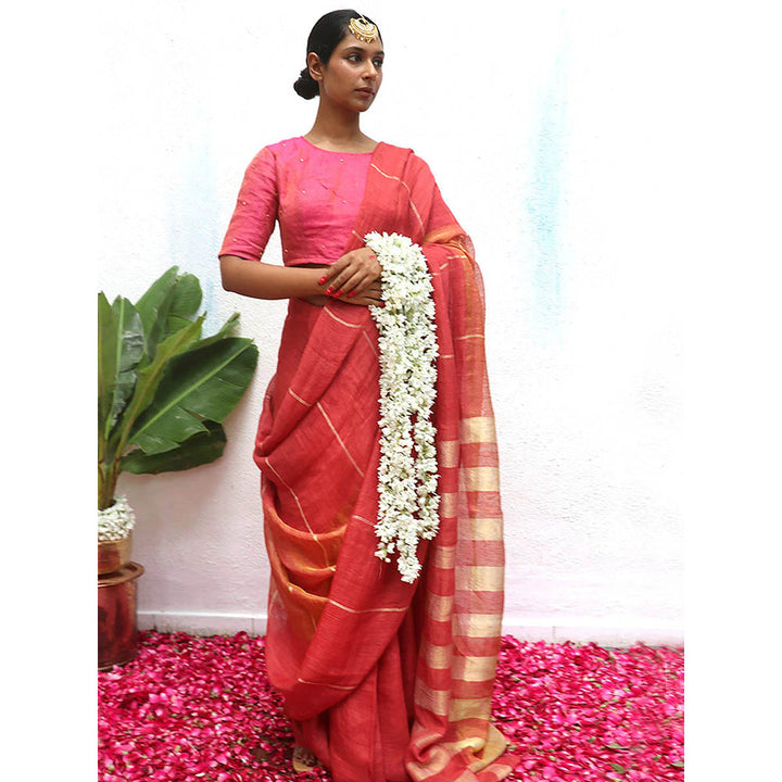 Chidiyaa Pink Eknoor Jyotsna Handwoven Linen Zari Saree without Blouse