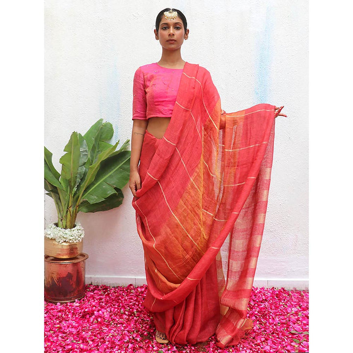 Chidiyaa Pink Eknoor Jyotsna Handwoven Linen Zari Saree without Blouse