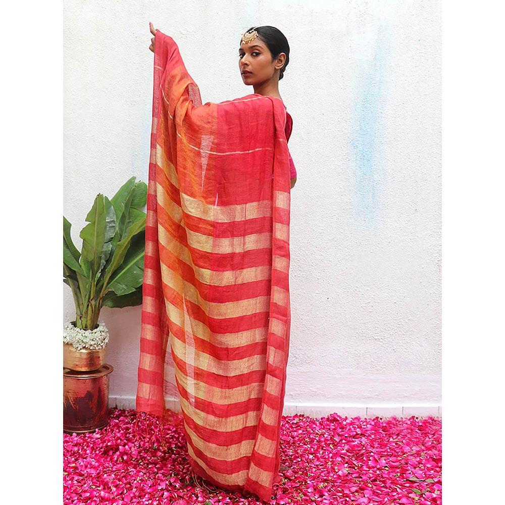 Chidiyaa Pink Eknoor Jyotsna Handwoven Linen Zari Saree without Blouse