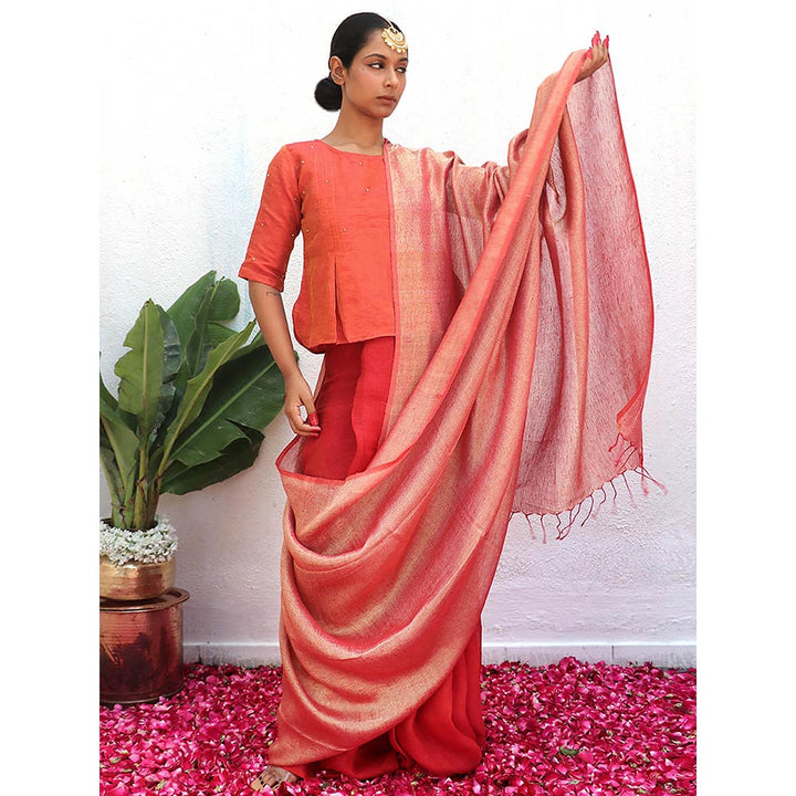 Chidiyaa Red Eknoor Abhati Handwoven Linen Zari Saree without Blouse