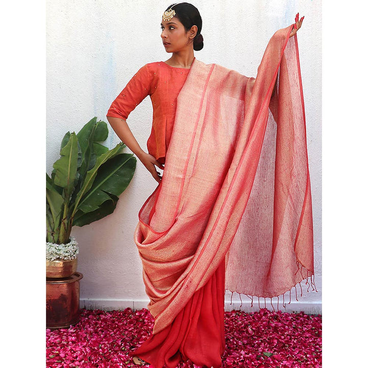 Chidiyaa Red Eknoor Abhati Handwoven Linen Zari Saree without Blouse