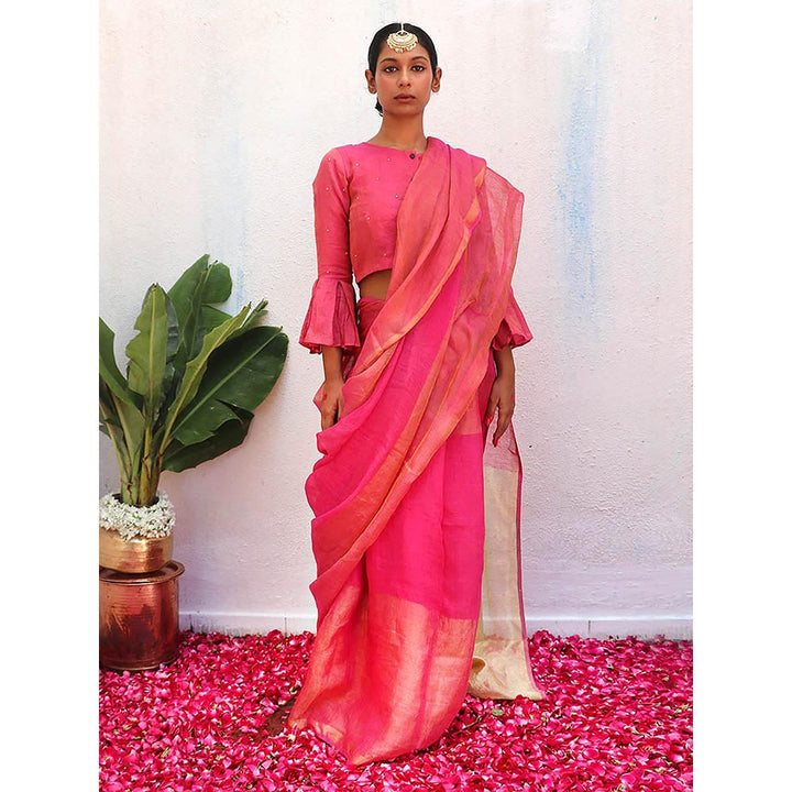 Chidiyaa Pink Eknoor Ujjwala Handwoven Linen Zari Saree without Blouse