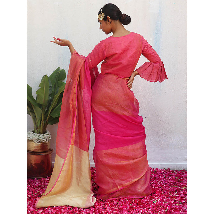 Chidiyaa Pink Eknoor Ujjwala Handwoven Linen Zari Saree without Blouse