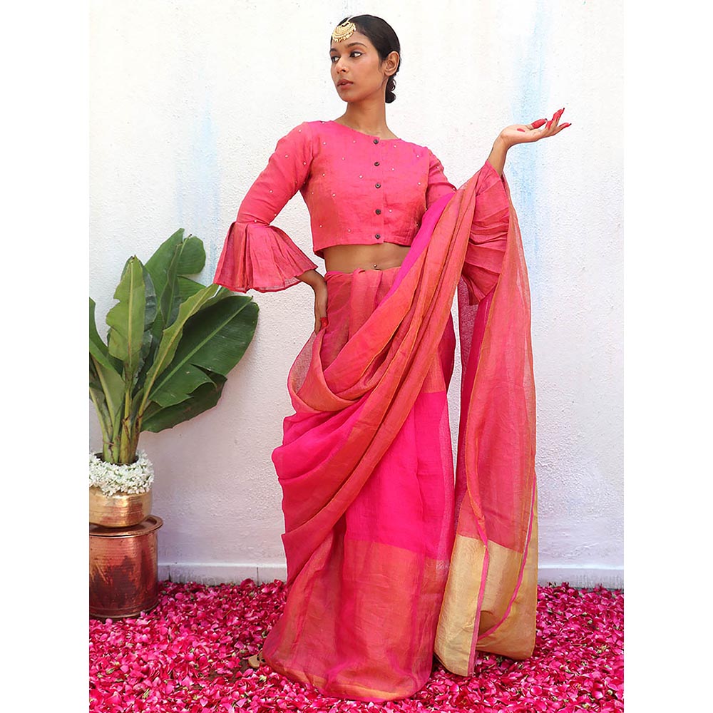 Chidiyaa Pink Eknoor Ujjwala Handwoven Linen Zari Saree without Blouse