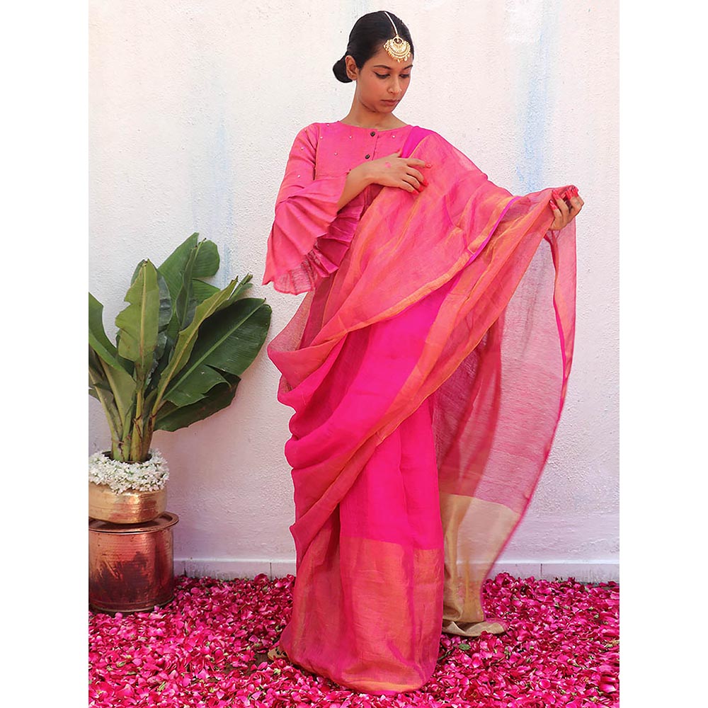 Chidiyaa Pink Eknoor Ujjwala Handwoven Linen Zari Saree without Blouse