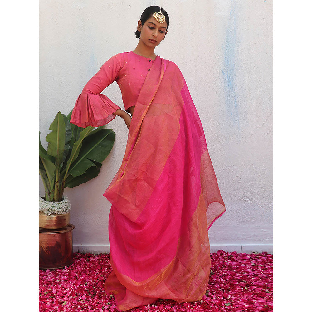 Chidiyaa Pink Eknoor Ujjwala Handwoven Linen Zari Saree without Blouse