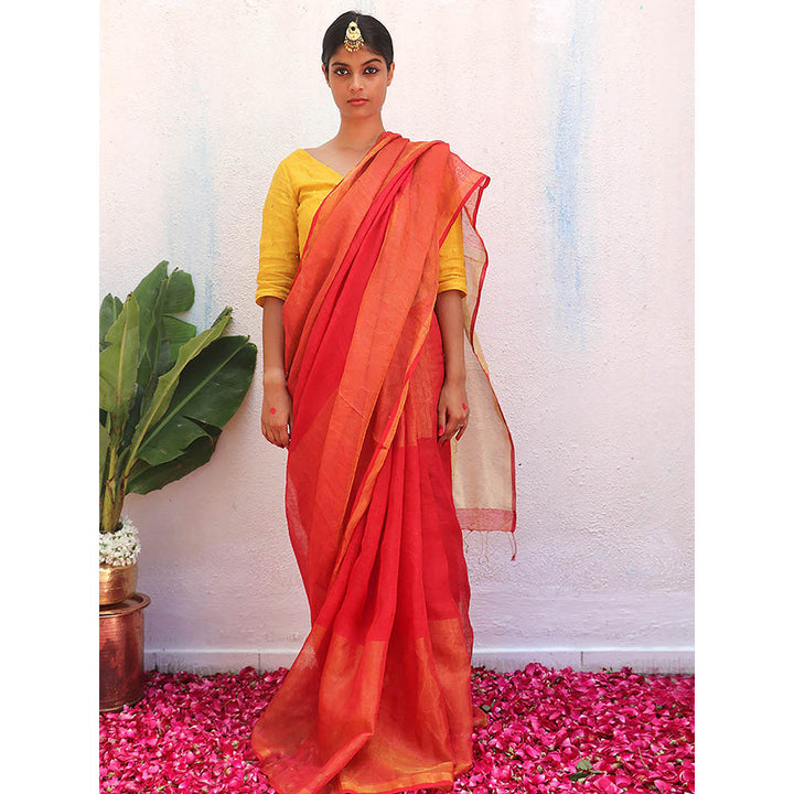 Chidiyaa Orange Eknoor Chandni Handwoven Linen Zari Saree without Blouse