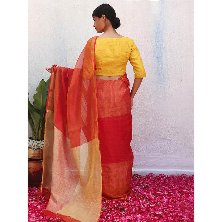 Chidiyaa Orange Eknoor Chandni Handwoven Linen Zari Saree without Blouse