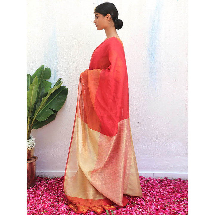 Chidiyaa Orange Eknoor Chandni Handwoven Linen Zari Saree without Blouse