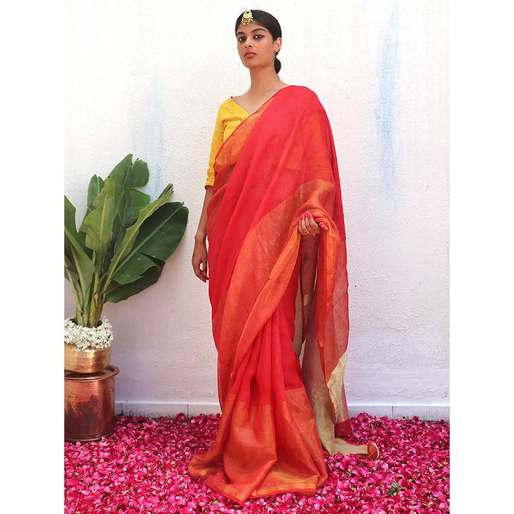 Chidiyaa Orange Eknoor Chandni Handwoven Linen Zari Saree without Blouse