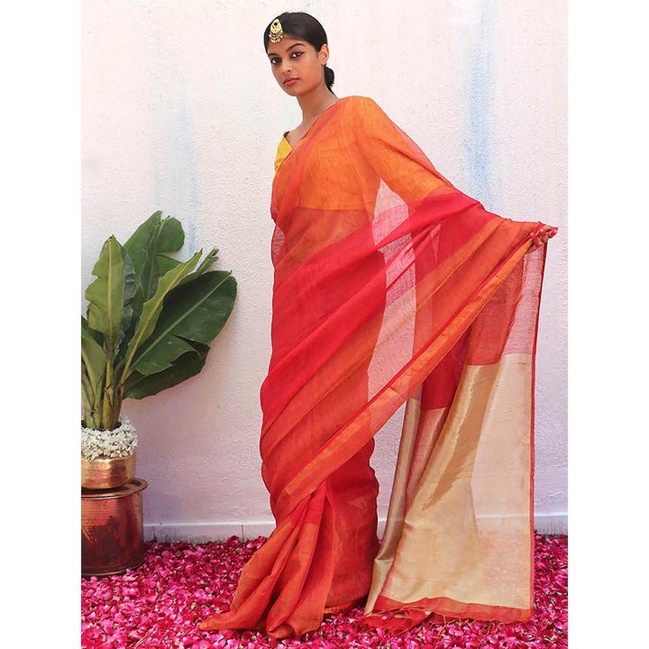 Chidiyaa Orange Eknoor Chandni Handwoven Linen Zari Saree without Blouse