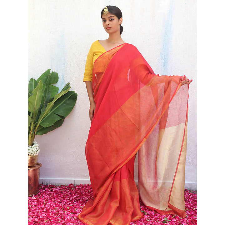 Chidiyaa Orange Eknoor Chandni Handwoven Linen Zari Saree without Blouse