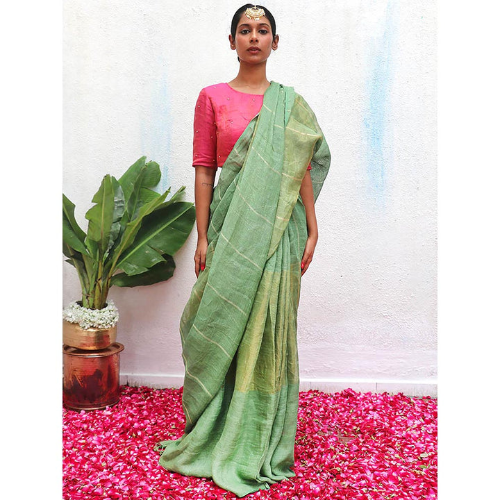 Chidiyaa Green Eknoor Deep Thika Handwoven Linen Zari Saree without Blouse