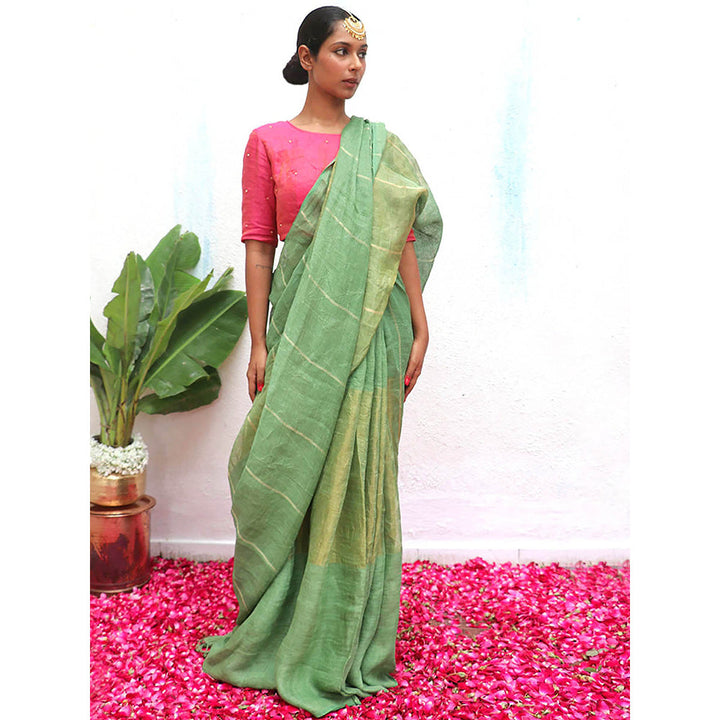 Chidiyaa Green Eknoor Deep Thika Handwoven Linen Zari Saree without Blouse