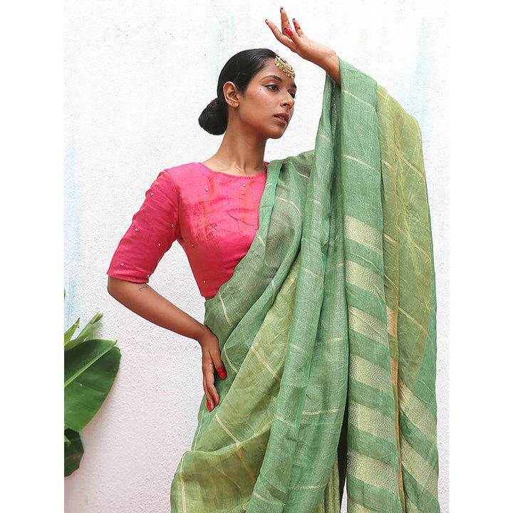 Chidiyaa Green Eknoor Deep Thika Handwoven Linen Zari Saree without Blouse