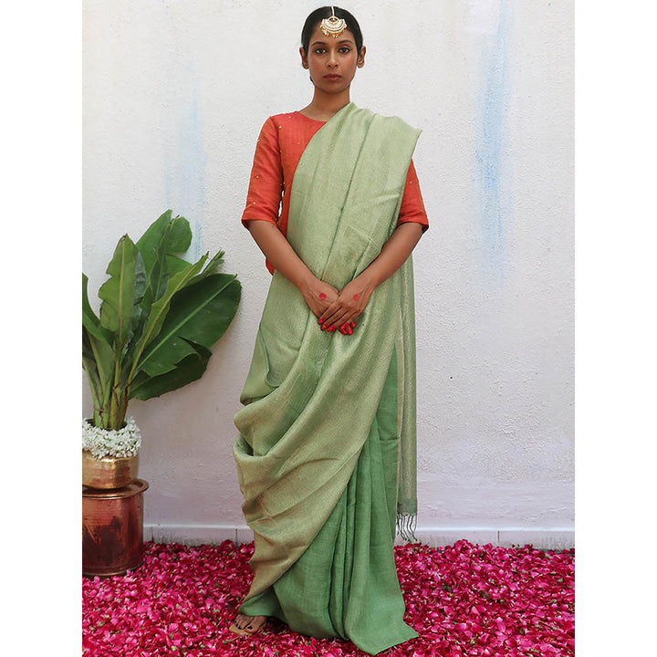 Chidiyaa Green Eknoor Ishya Handwoven Linen Zari Saree without Blouse