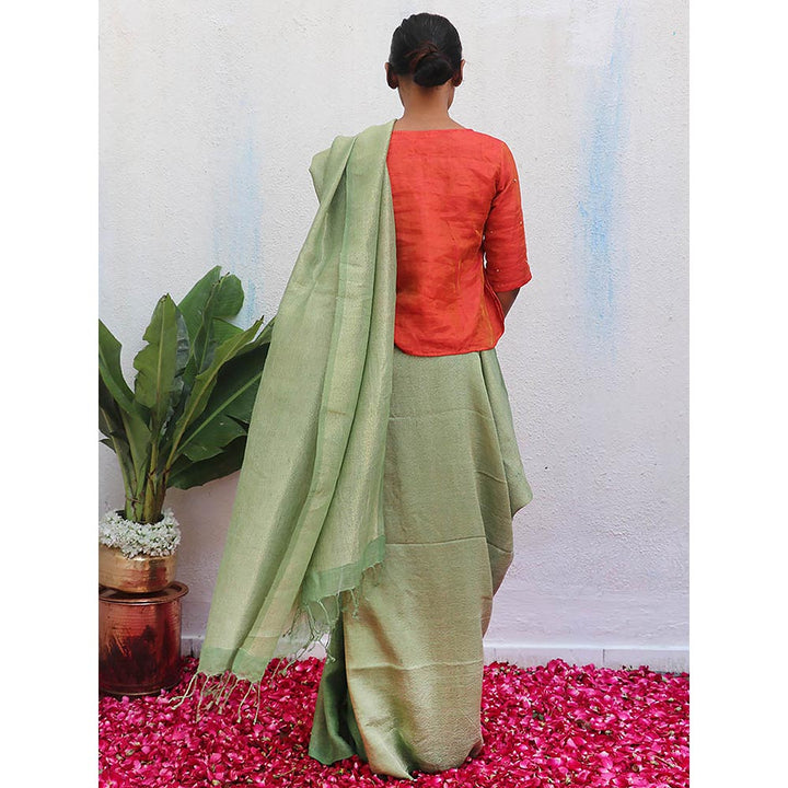 Chidiyaa Green Eknoor Ishya Handwoven Linen Zari Saree without Blouse