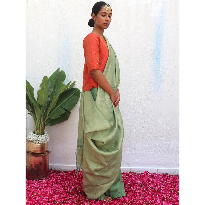 Chidiyaa Green Eknoor Ishya Handwoven Linen Zari Saree without Blouse