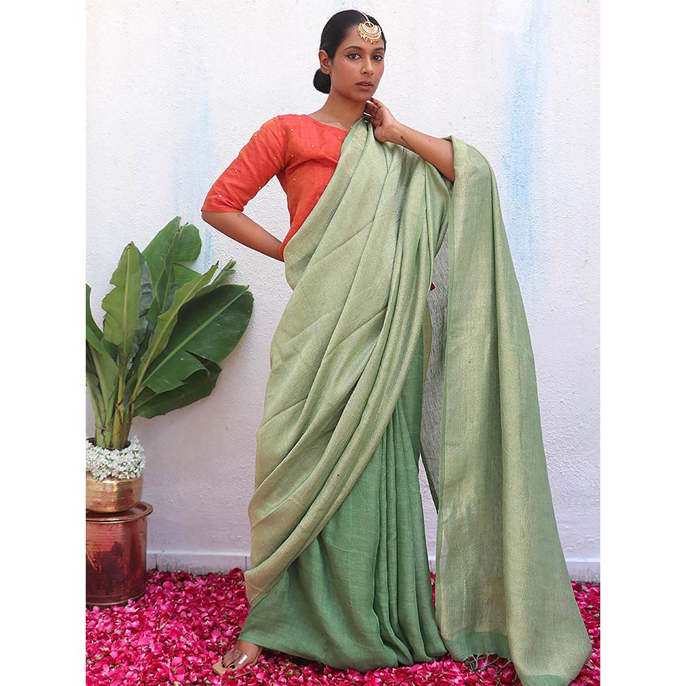 Chidiyaa Green Eknoor Ishya Handwoven Linen Zari Saree without Blouse