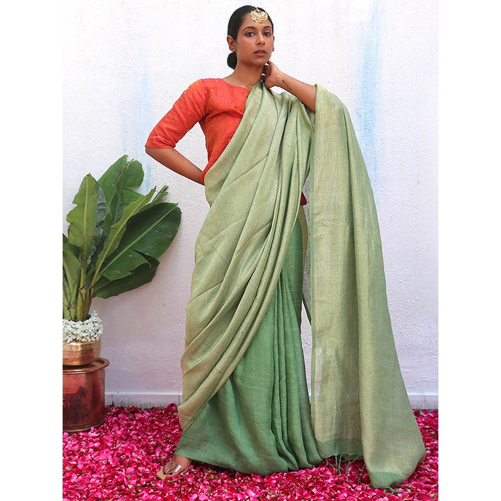 Chidiyaa Green Eknoor Ishya Handwoven Linen Zari Saree without Blouse