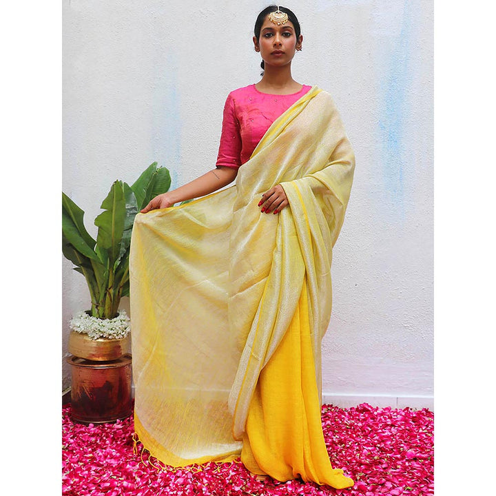 Chidiyaa Yellow Eknoor Jasnoor Handwoven Linen Zari Saree without Blouse