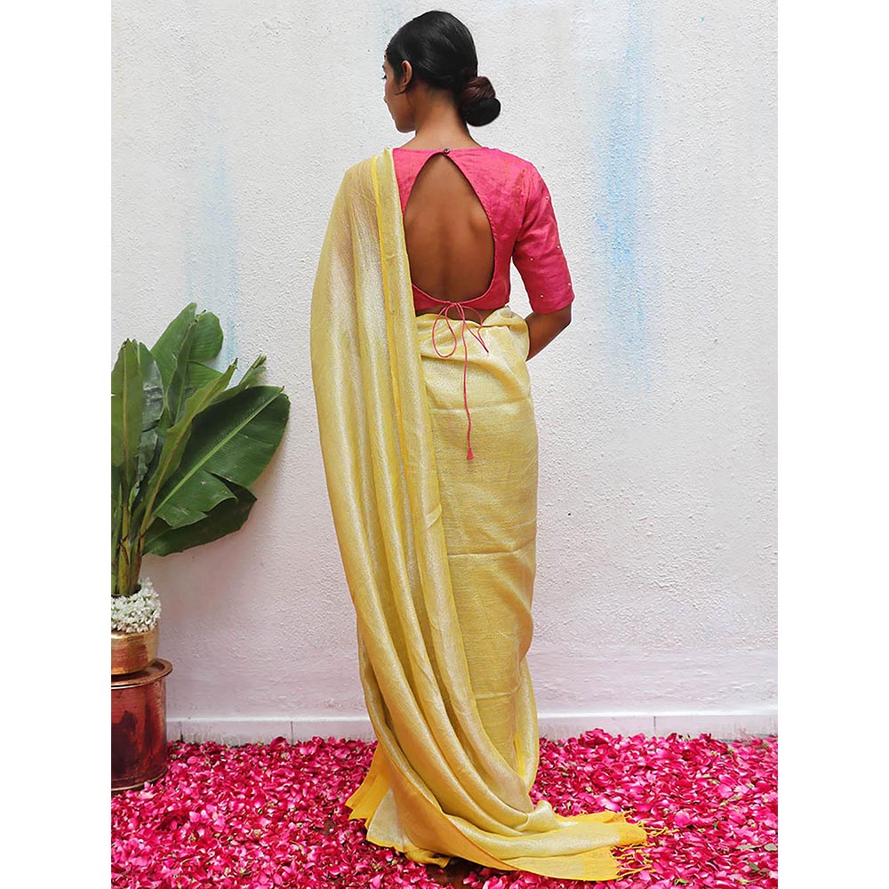 Chidiyaa Yellow Eknoor Jasnoor Handwoven Linen Zari Saree without Blouse