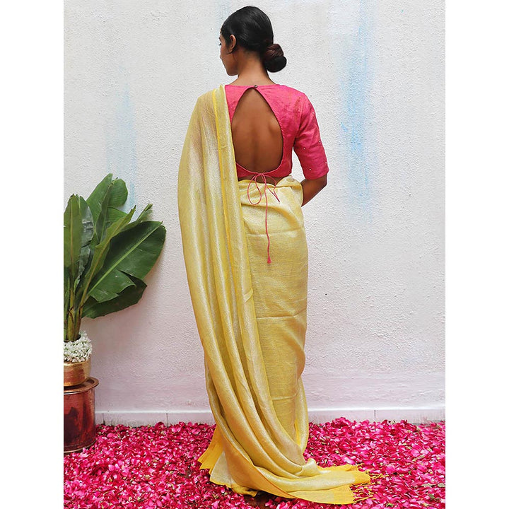 Chidiyaa Yellow Eknoor Jasnoor Handwoven Linen Zari Saree without Blouse