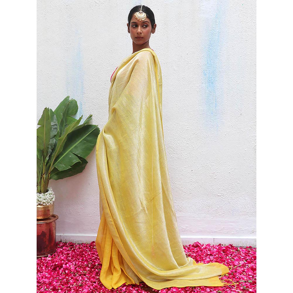 Chidiyaa Yellow Eknoor Jasnoor Handwoven Linen Zari Saree without Blouse