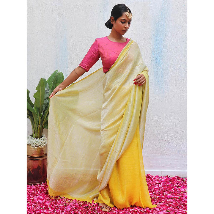 Chidiyaa Yellow Eknoor Jasnoor Handwoven Linen Zari Saree without Blouse