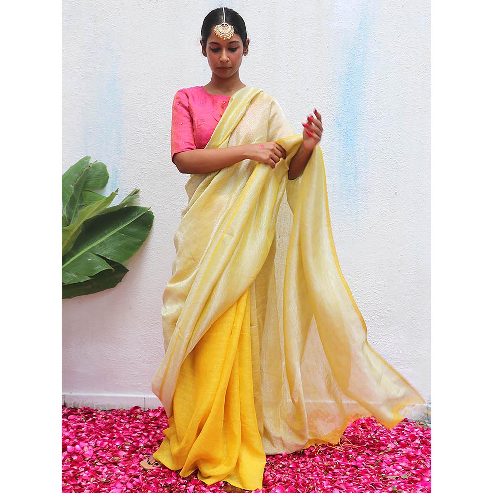 Chidiyaa Yellow Eknoor Jasnoor Handwoven Linen Zari Saree without Blouse