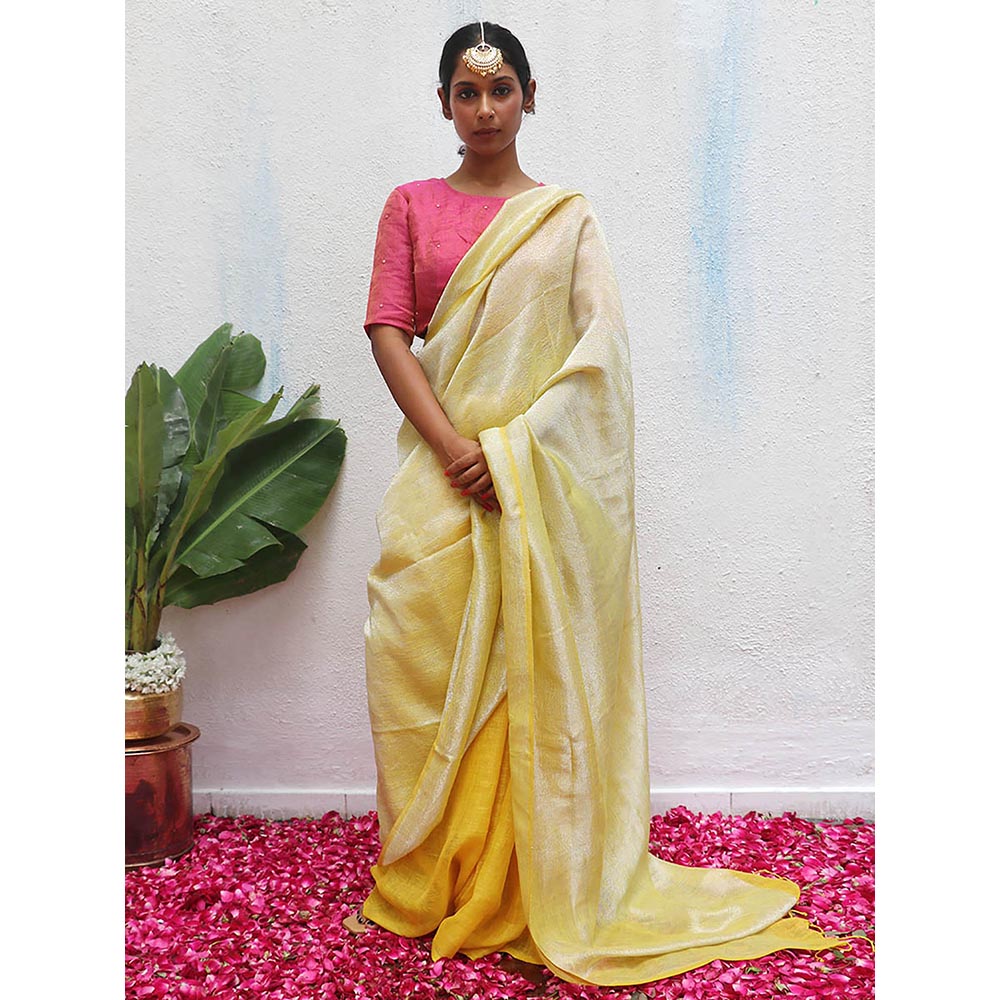 Chidiyaa Yellow Eknoor Jasnoor Handwoven Linen Zari Saree without Blouse