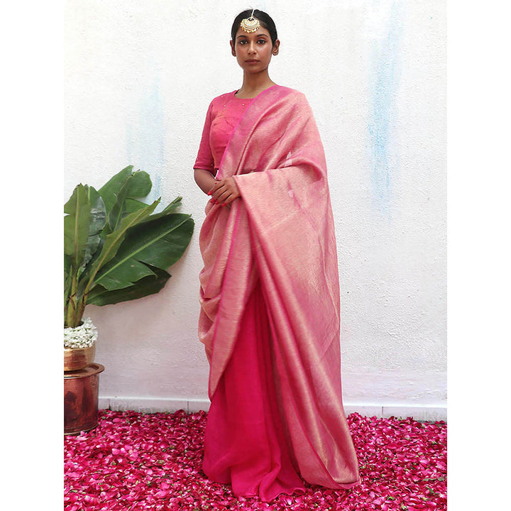 Chidiyaa Pink Eknoor Ojas Wee Handwoven Linen Zari Saree without Blouse