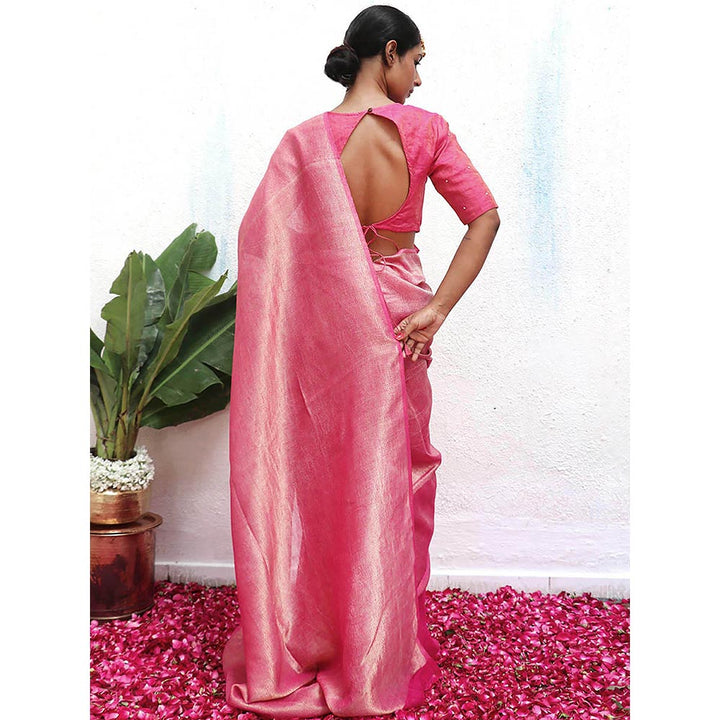 Chidiyaa Pink Eknoor Ojas Wee Handwoven Linen Zari Saree without Blouse