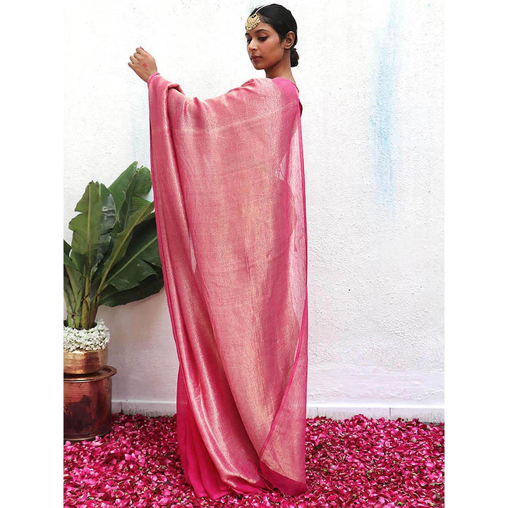 Chidiyaa Pink Eknoor Ojas Wee Handwoven Linen Zari Saree without Blouse