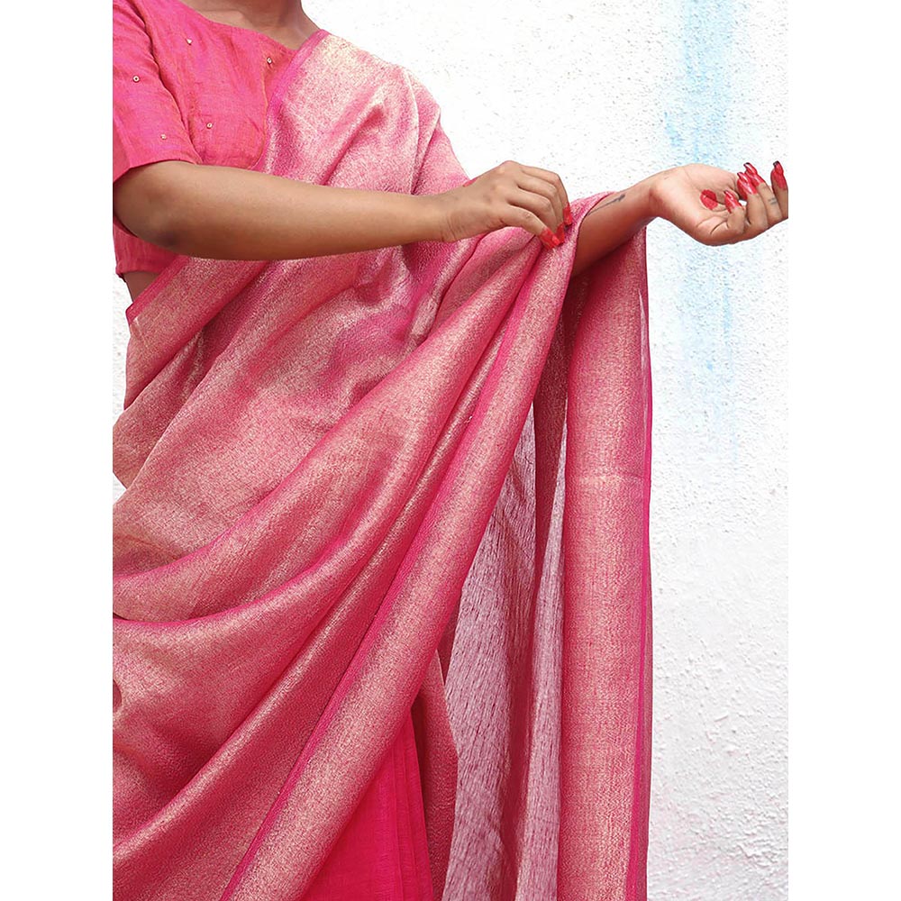 Chidiyaa Pink Eknoor Ojas Wee Handwoven Linen Zari Saree without Blouse