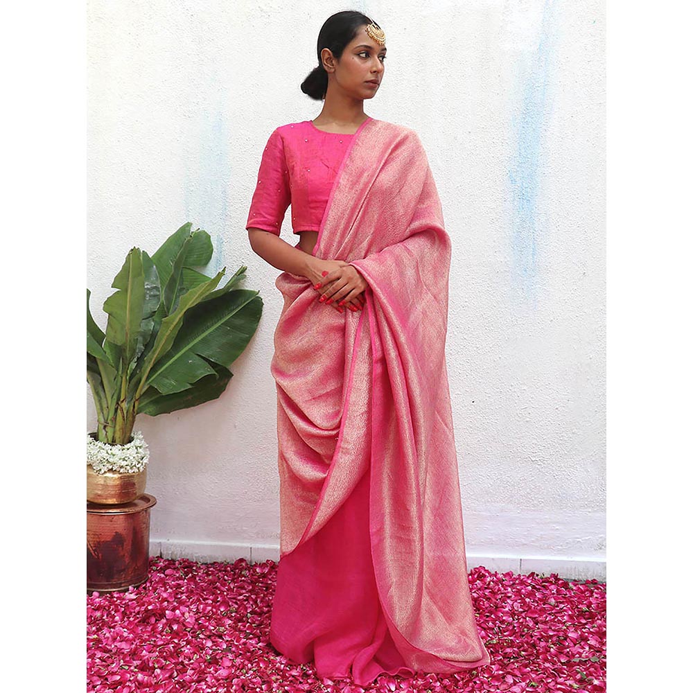 Chidiyaa Pink Eknoor Ojas Wee Handwoven Linen Zari Saree without Blouse